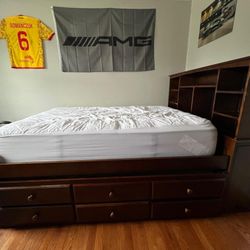 Full Size Brown Captains Bed With Shelf’s As Backboard