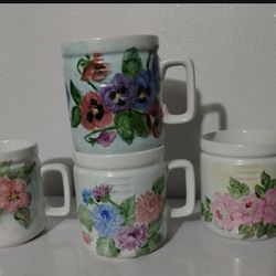 1985 MARGARET H. HAND PAINTED COFFEE MUG SET OF 4/ 3.5×3" - A999