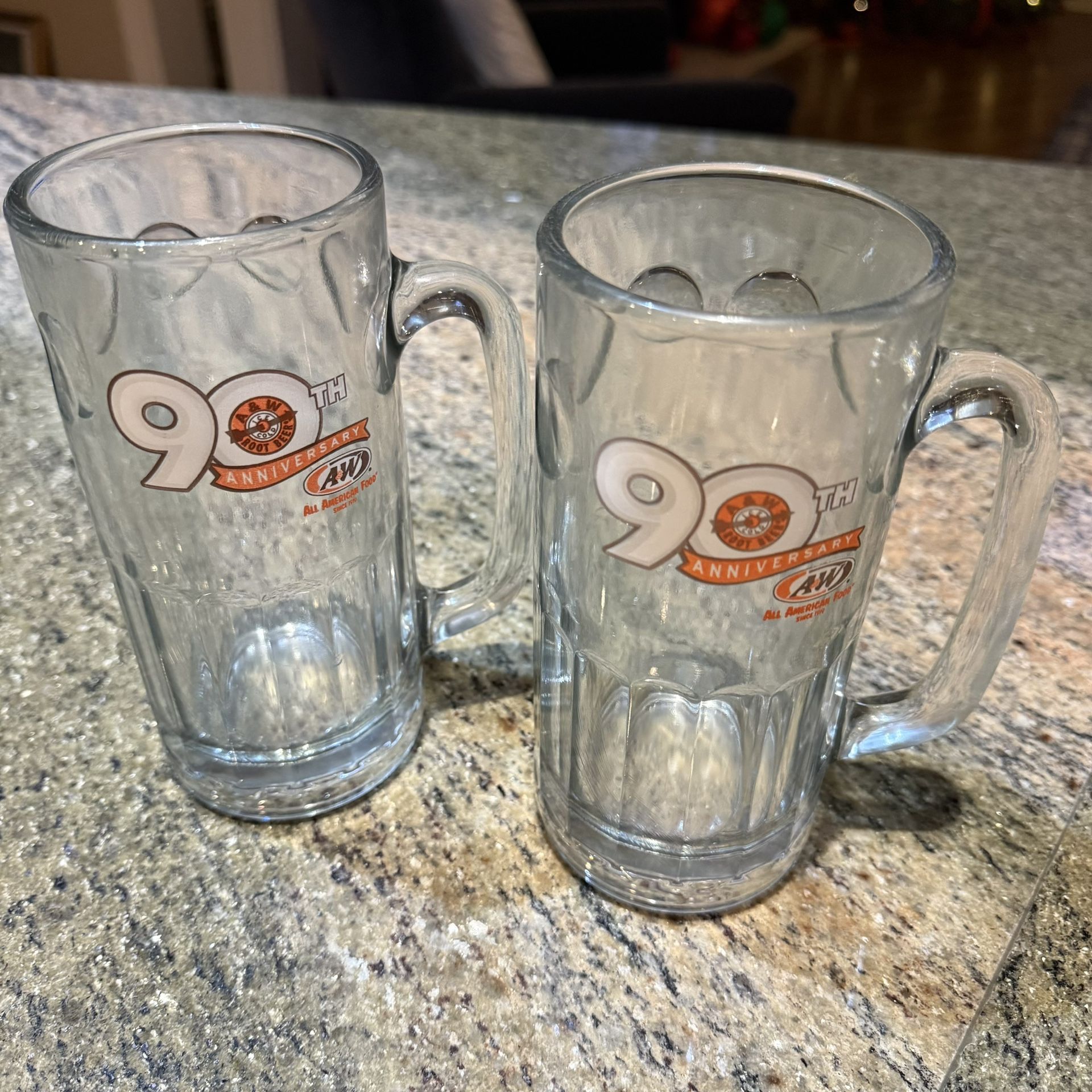 (2) Vtg A&W Root Beer 90th Anniversary Glass Mugs Heavy Thick Steins Collectible