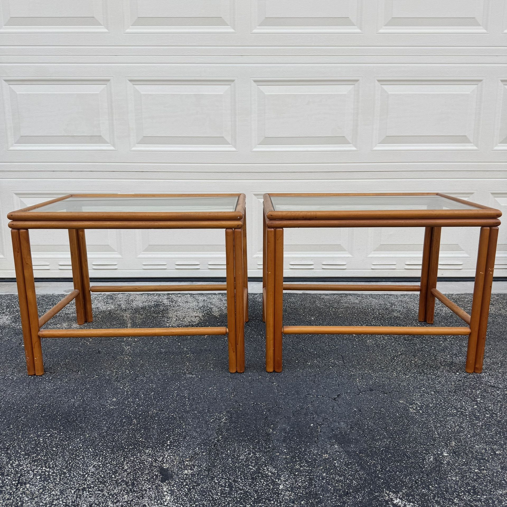 Pair of Vintage Bamboo and Glass Side Tables