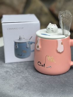 Cute Pink Cat Mug Set with 3D Character Lid Stirring Spoon Coffee Tea Cup Gift K