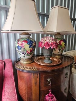 Chinoiserie Ginger Urn Table Lamp Fruits Leaves (Pair)