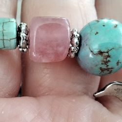 Turquoise & Pink Gemstone Stretch Bracelet With Charm
