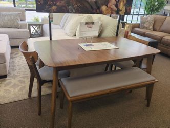 MODERN TABLE, 4 CHAIRS AND BENCH