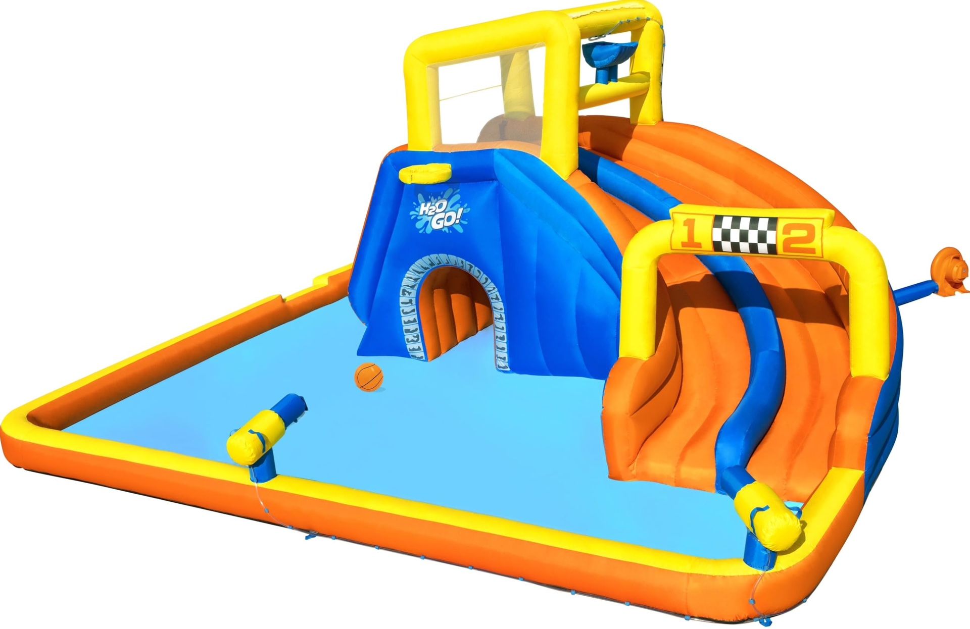 Bestway H2OGO! 18 X 16.5 X 8.7 Foot Super Double Racing Super Speedway Kids Inflatable Water Park With Air Blower, Ground Stakes, And Storage Bag