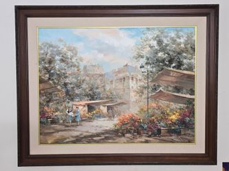 C. Pierre Latour Large Framed Impressionist 'Flower Market' Oil on Canvas