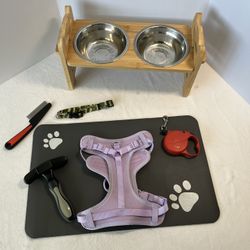 Pre Owned various Small dog supplies, including a Wild One Adjustable Cushioned Step-In Dog Harness in Lilac. 