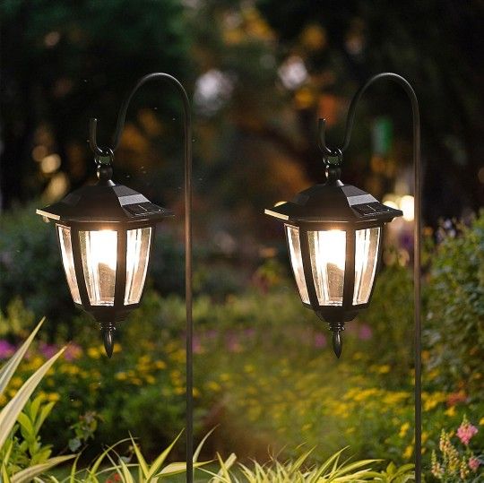 Dynaming 2 Pack Solar Hanging Lights Outdoor, Solar Powered Garden Decorative Lanterns with 2 x 38 Inch Shepherd Hooks, Waterproof Landscape Lighting