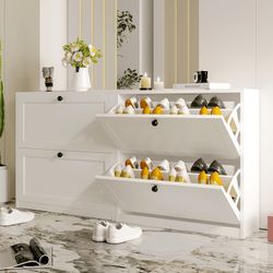 SET OF 2, White Shoes Cabinet with 2 Flip Drawers for Narrow Entryway,Shoe Storage Cabinet Shoe Rack Organizer for Bedroom Living Room