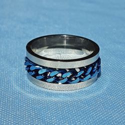 Stainless steel Curb Chain Spinner Ring Size 6 Blue 