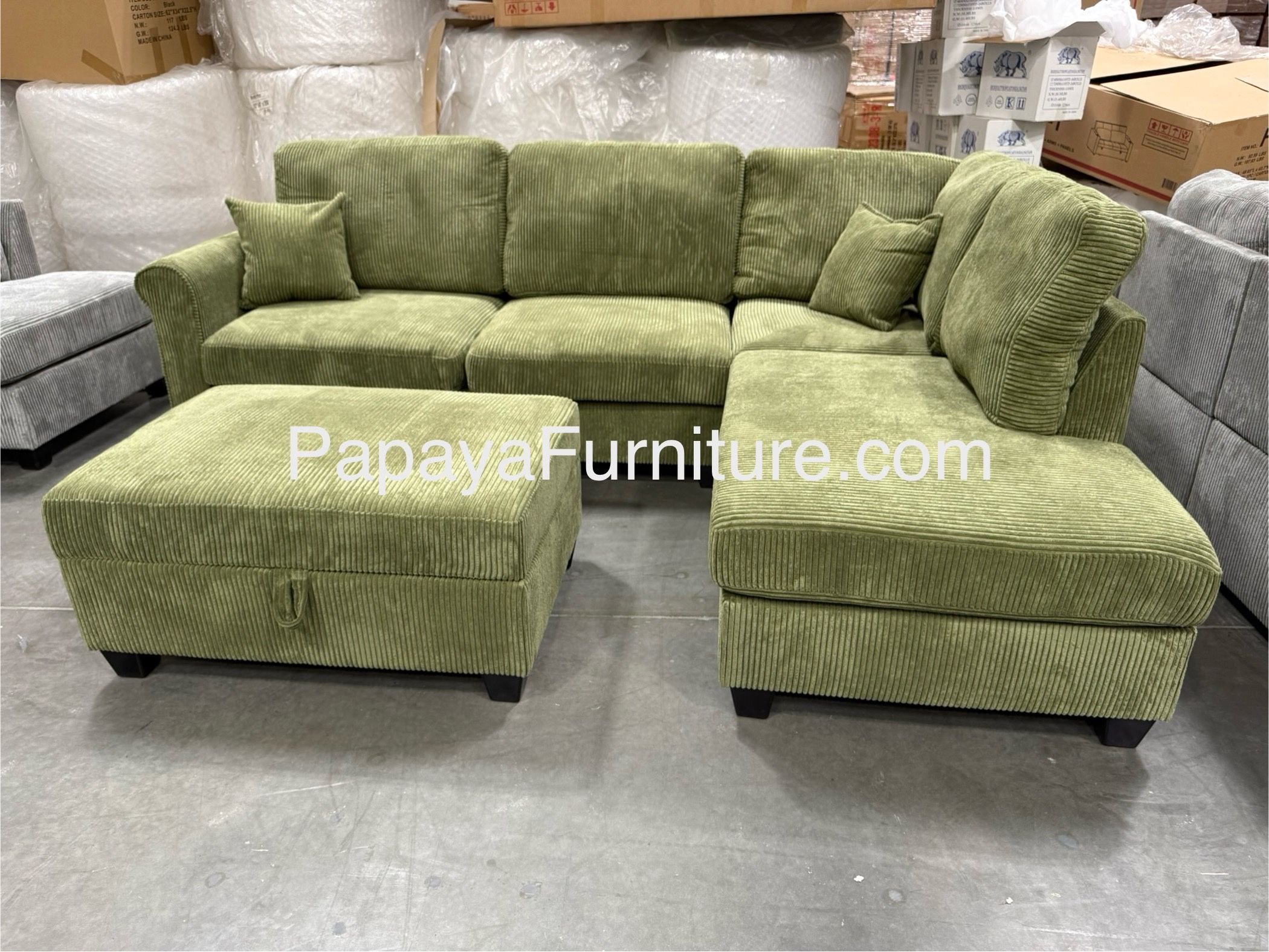 106” Plush Sage Sectional And Ottoman, Sectional Sofa,Green couch, Green Sofa, Sectional And Storage Ottoman, Sectionals, Sofa, Corduroy Sectional wit