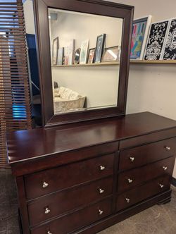 Dark Cherry Finish Six-Drawer Dresser with Framed Mirror