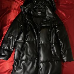 Long Puffer Faux Leather Jacket