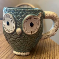 Gibson Home Owl Coffee Mug Embossed Green Blue Glazed Pottery Rustic 