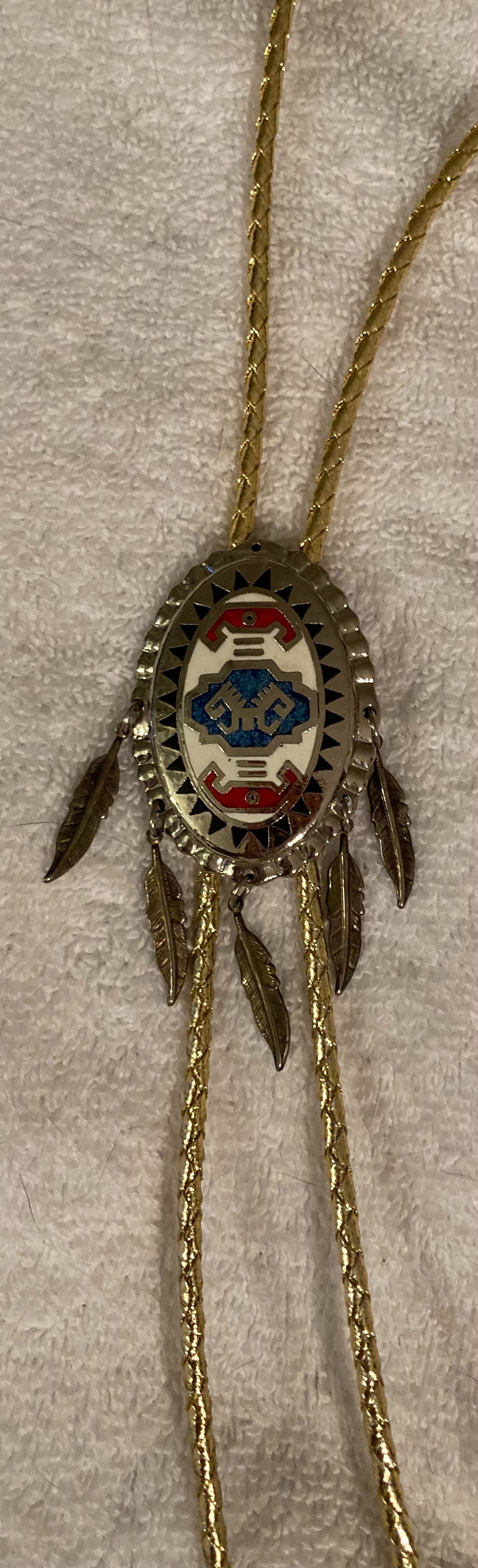 Vintage Metal Bolo Tie, Nice Silver and Crushed Turquoise Stone Design, Native, Nice Little Stones Design, Nice Western Design, 3 1/2" x 1 1/2", Quali