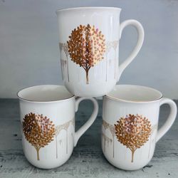 Set of 3 vintage Otagiri Japan golden mist tree of life mugs 11 Oz and 4” Tall.