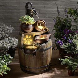 Water Fountain Outdoor Rustic Barrel,4 Tiered Wood Barrel Cascading Water Fall Fountains Outside Feature with LED Lights for Garden, Patio, Porch, Bac