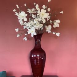 Faux  magnolias In Red Vase 4 Foot Tall 