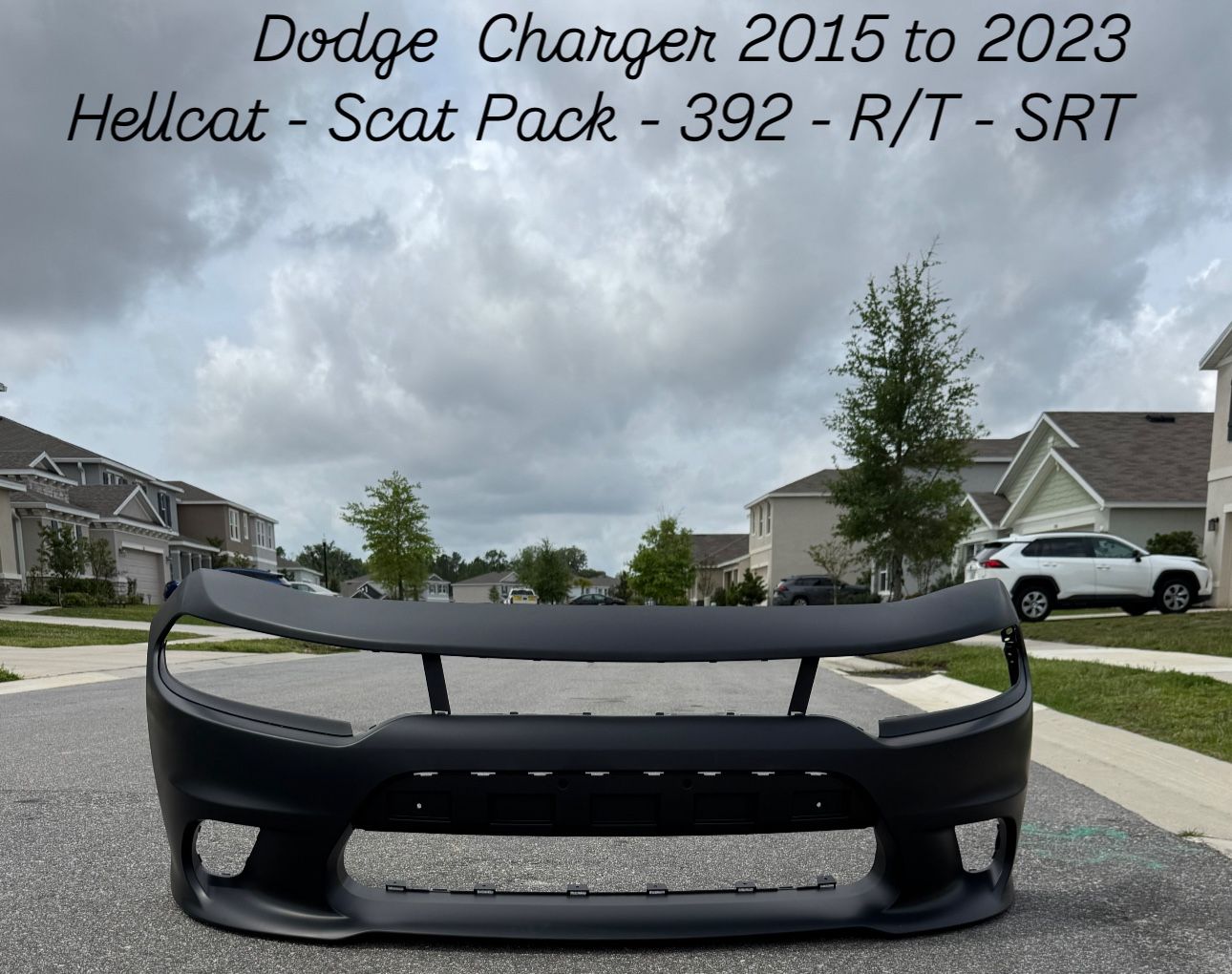 NEW- Dodge Charger SRT Front Bumper 2015 to 2023 OEM Material, Polypropylene. NEVER BEEN FOLDED. Comes black primed ready to paint.
