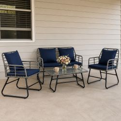 4 Piece Patio Furniture Set – Blue Cushions – New in Box