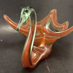 Vintage MCM Hand Blown Murano Style Sooner Swan Orange Ripple Art Glass Dish