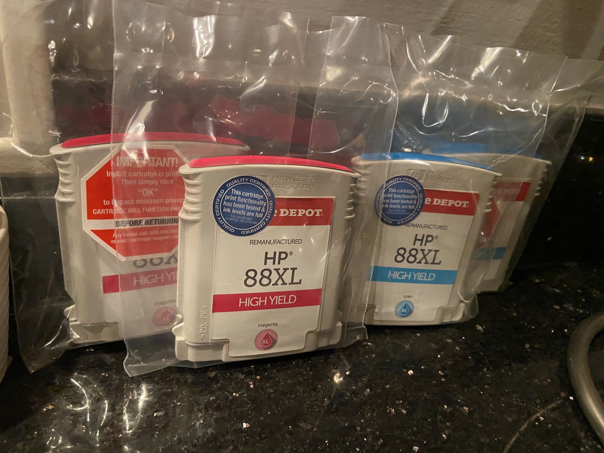 4 blue and pink HP 88XL colored ink cartridges