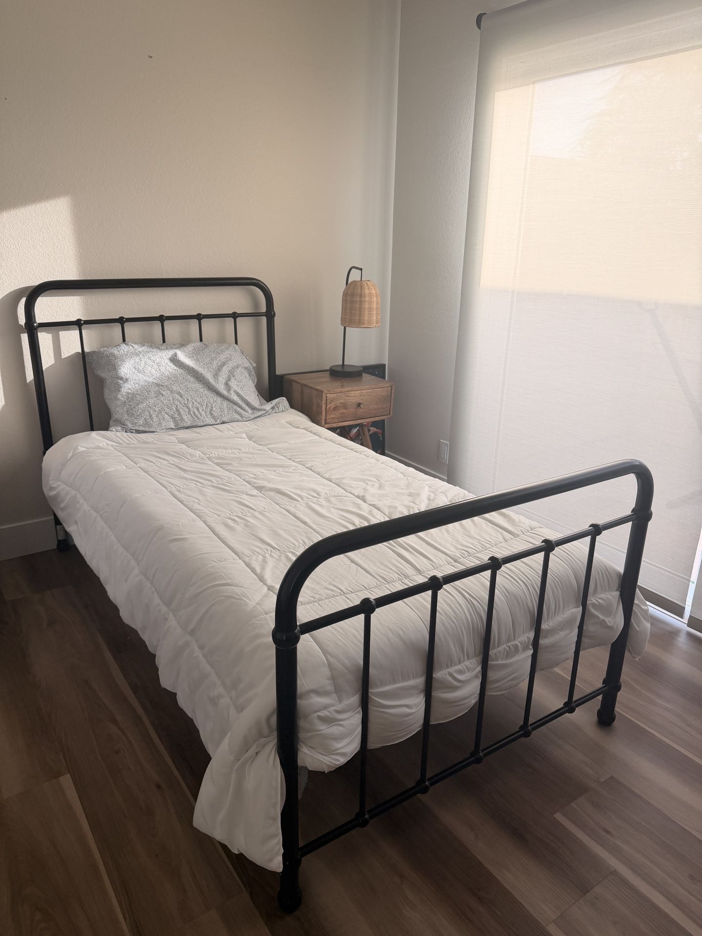 Twin Bed Frame, Mattress, And Bedding