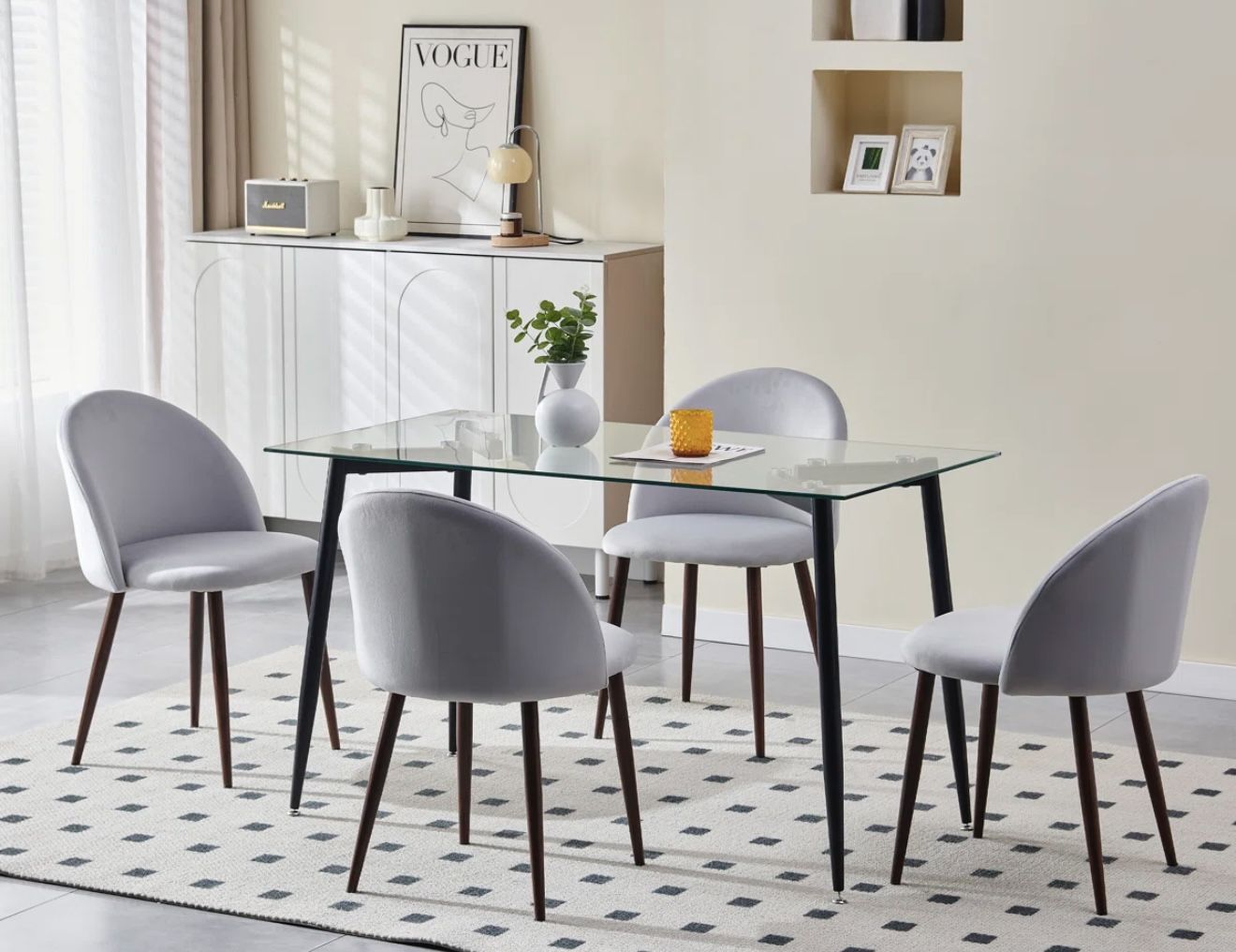 51.2" Tempered Glass Rectangular Dining Table Set with 4 Velvet Upholstered Chairs for Kitchen, Dini