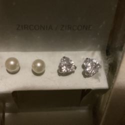 Sterling Silver Earrings 2 Pairs (heart Shaped Zirconia And Pearls)
