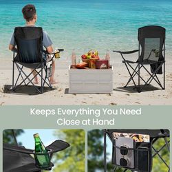 Set of 2 Ink Black Camping Chairs - Foldable, High Back with Adjustable Armrests & Drink Holder. 330 lb Weight Capacity