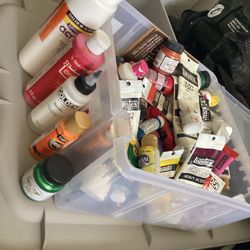 Huge Box Of Acrylic Paints Including Liquitex, Golden, Lumiere, DecoArt + Brushes