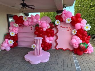 Strawberry Birthday Party Backdrop Garland Setup