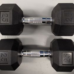 A pair of 25lb coated hex-shaped dumbbells.