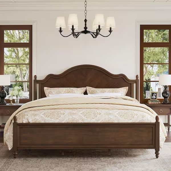 Aubel Dark Walnut Brown Mid-Century Solid Wood Frame King Size Platform Bed with Herringbone-Inspired Pattern Headboard
