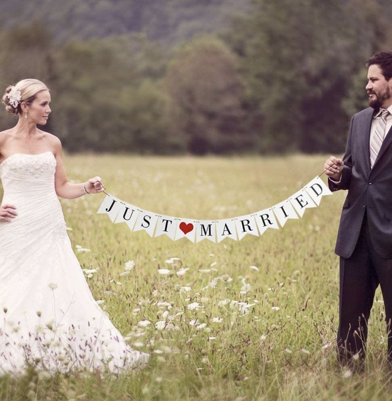 Vintage Just Married Banner Wedding Bunting Photo Booth Props