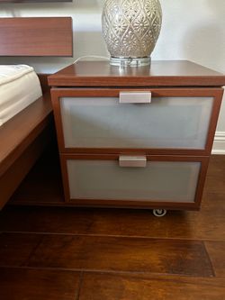 Full size bed frame and nightstand on wheels