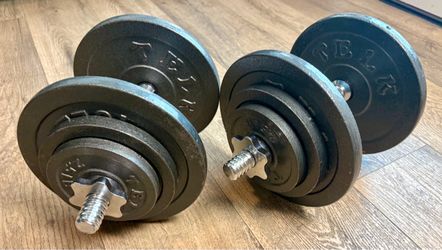 Standard Set of Adjustable Cast Iron Dumbbells, (4) 10s, (4) 5s , (4) 2.5s and NEW Dumbbell Bars. 40 pound on each hand.