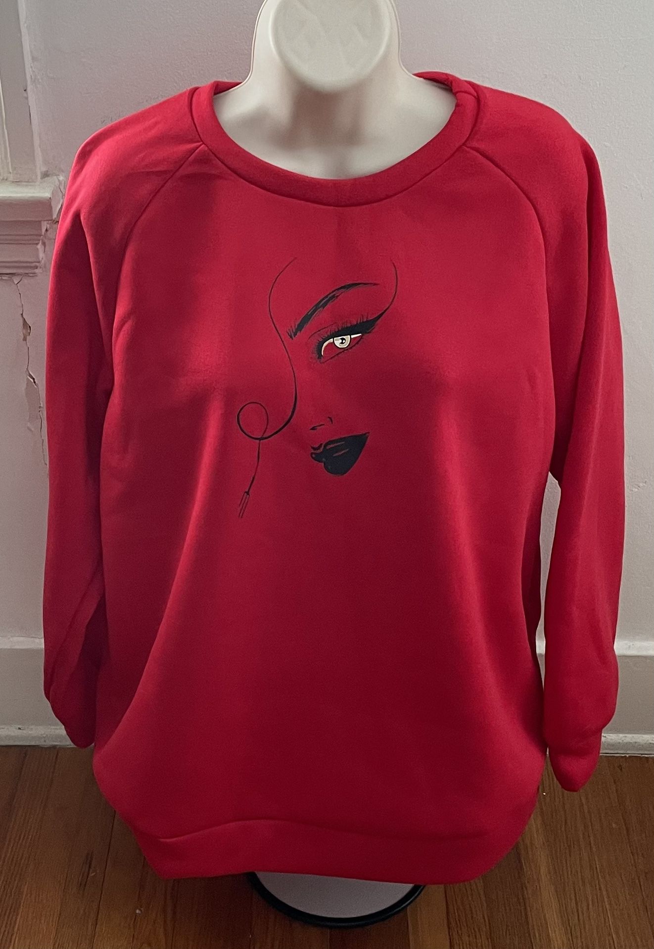 Women’s Red Fleece Face with Eye Crewneck Long Sleeve Sweater, size L