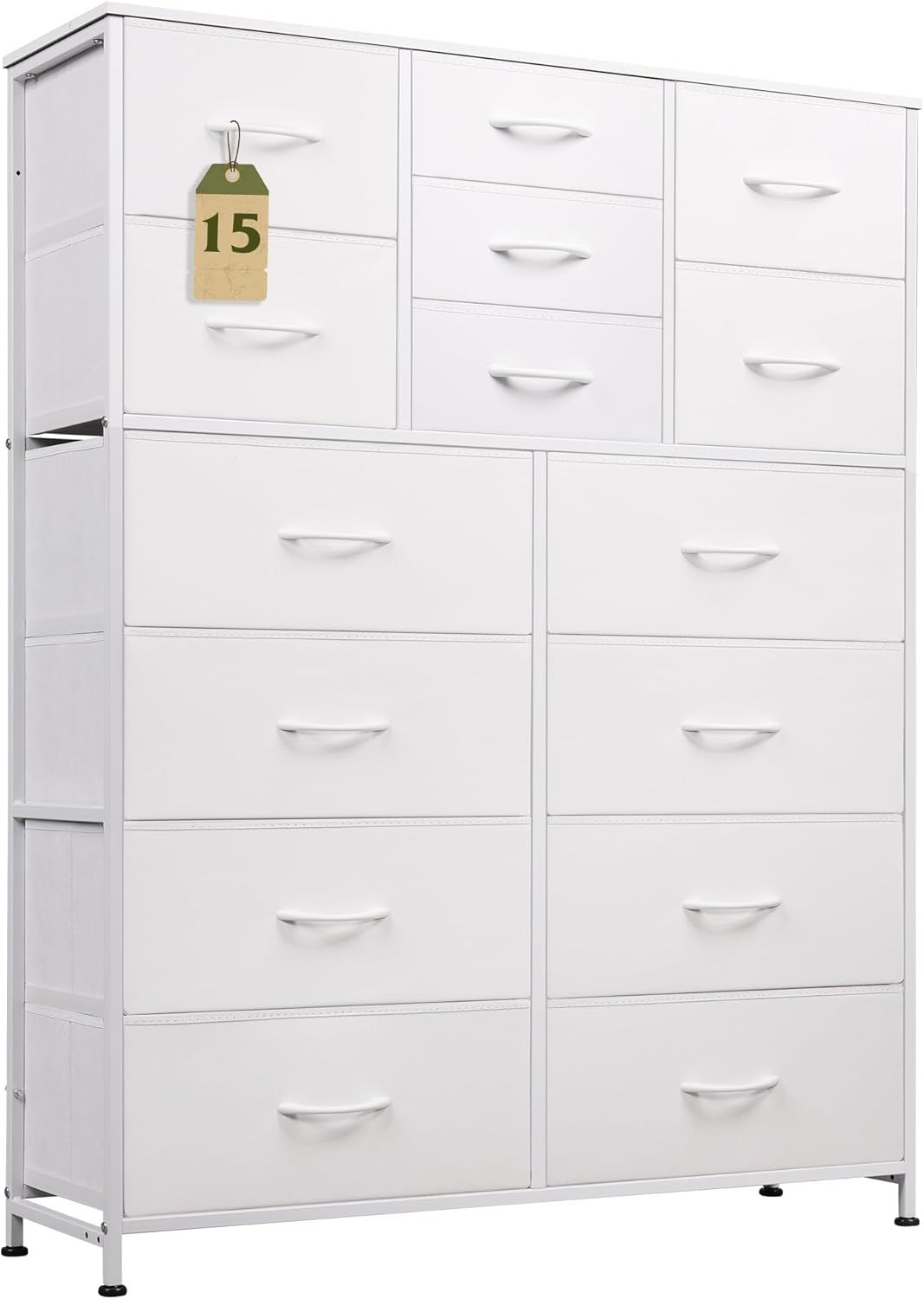 WLIVE Tall White Dresser for Bedroom Furniture, Fabric Dressers Storage Tower with 15 Deep Drawers, Dresser for Closet, Hallway, Entryway, Office, Sto