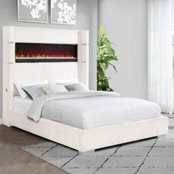 New Cal King Bed Frame in Soft Cream Fabric with Headboard Flame Box! SALE!