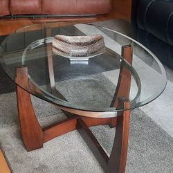 Oval Glass And Wood Coffee Table