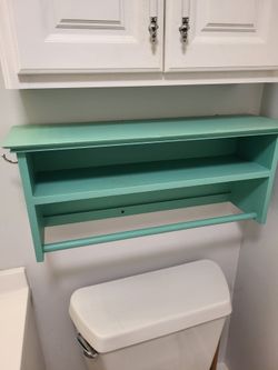 Painted Wood Bathroom Wall Shelf with Towel Bar, Teal, Good Condition