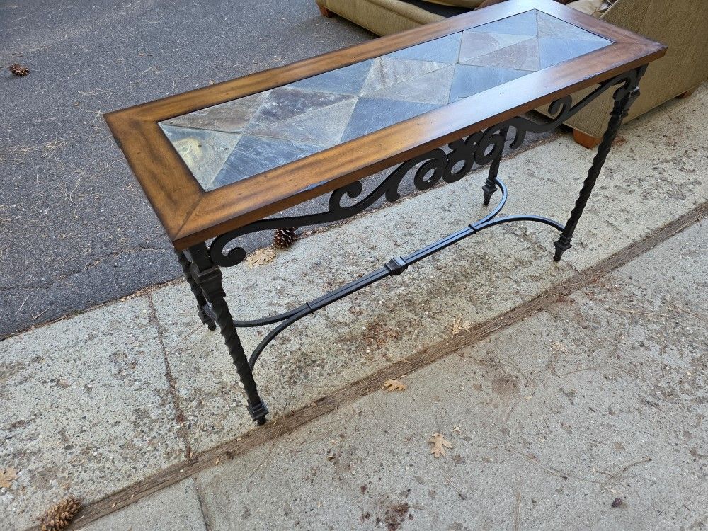 Slate and Wood Console Table with Iron Legs