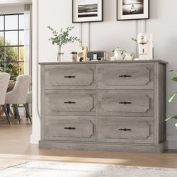 Brand New And Assembled 6 Drawer Bedroom Dresser, Farmhouse Wood Storage Drawer Chest Cabinet for Living Room Entryway, Gray