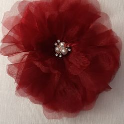 Red Fabric Flower Pin/Clip, faux pearl & stone center.