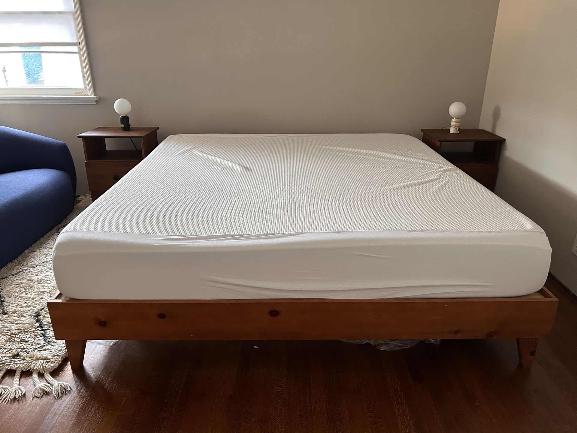 Huge Moving Sale! California King Mattress, Mattress Pad And Pine Frame