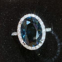 New Silver Tone Large Lagoon Oval Imitation Tourmaline Halo Style Cocktail Ring in7,8