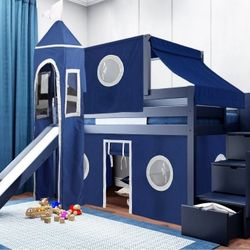 *USED*Kids Castle Twin Low Loft Bed with Stairway in Blue and White Curtains Top Tent Tower and SLIDE