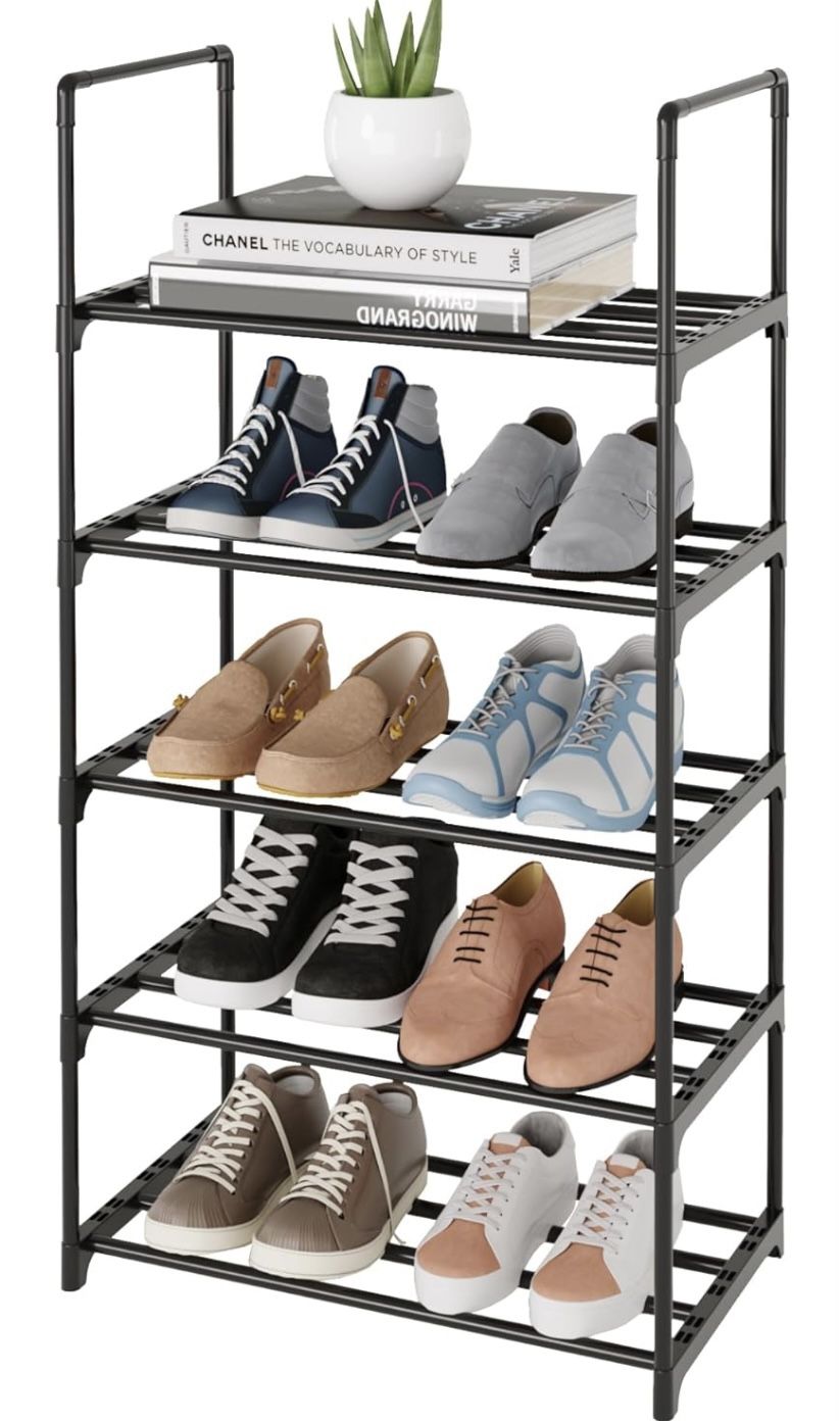 Metal shoe rack, 5-tier stackable stand, narrow shoe storage rack for shoes, entrance boots and hallway closet (with handle, black