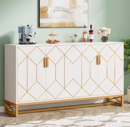 59" Sideboard Buffet Cabinet with Storage, White and Gold with 4 Doors, Modern Metal and Wood Coffee Bar Cabinet